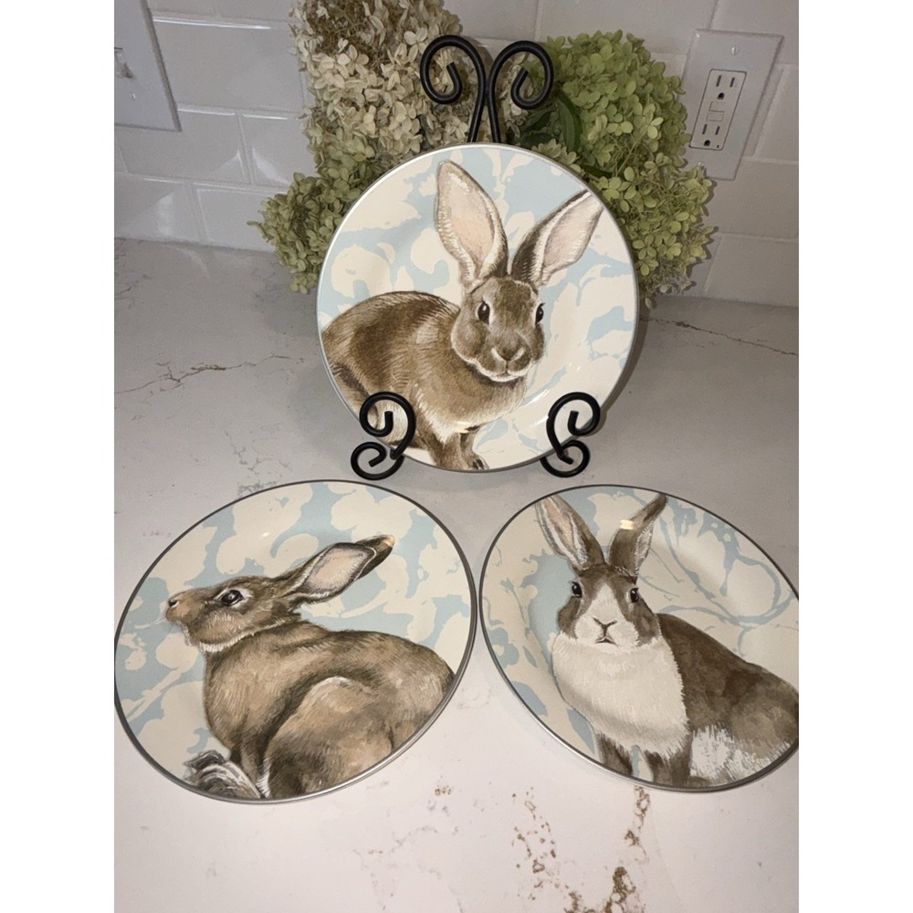 Williams Sonoma Blue Damask Easter Bunny Rabbit Salad Dessert Plates Set Of 3